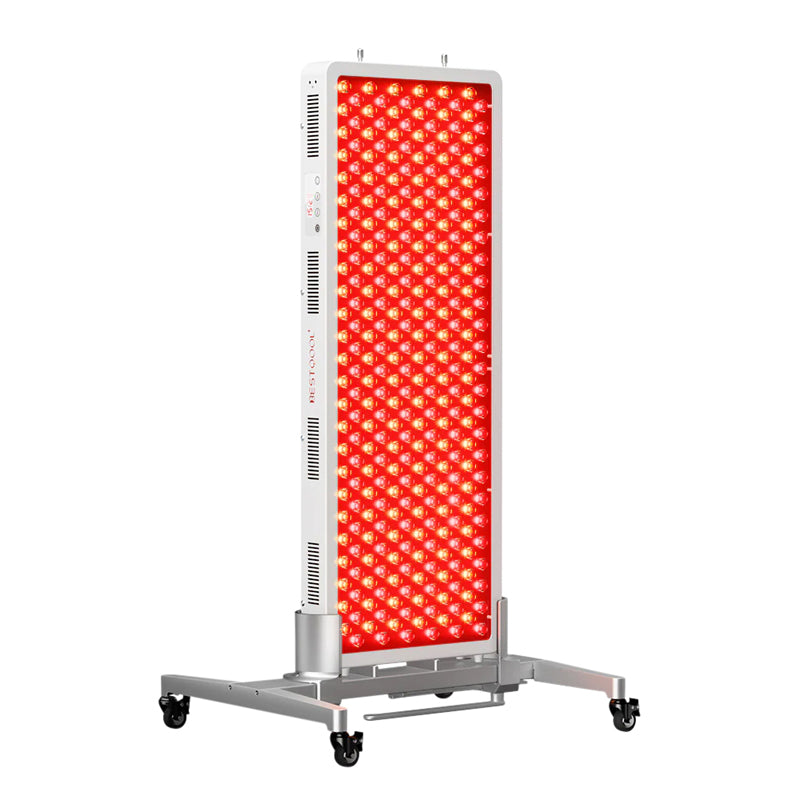 Angled View Powered on With Adjustable Mobile Stand - Bestqool Pro300 Full-Body Red Light Therapy Panel-4 Wavelengths for Advanced Treatment