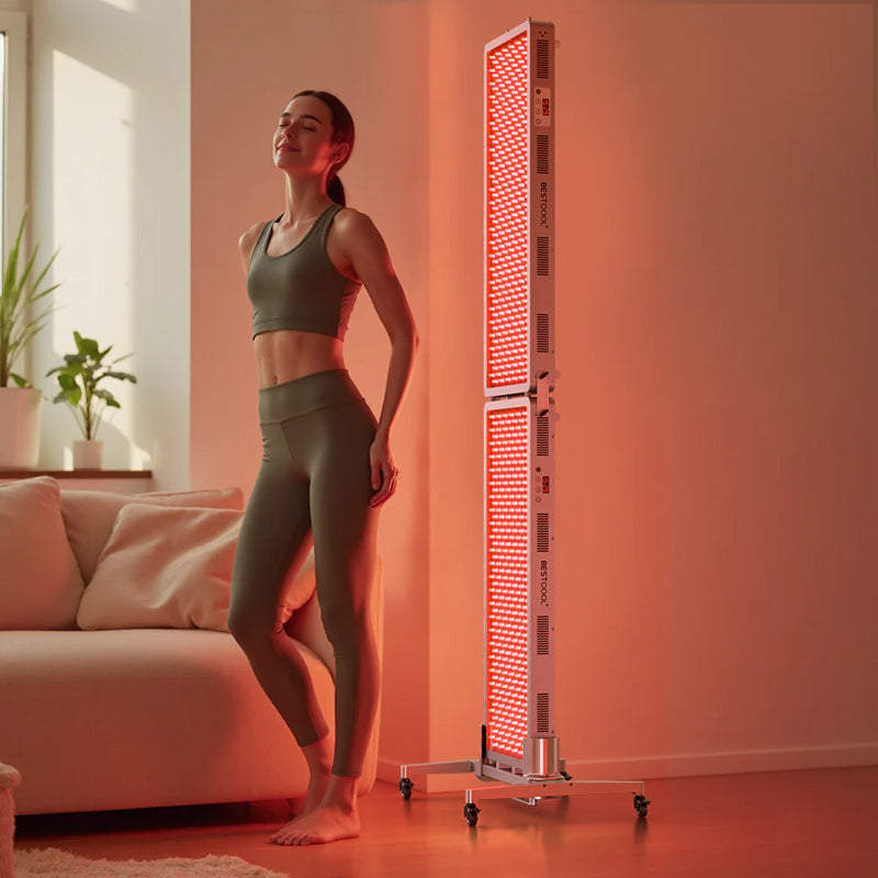 Model at Home With Multi Unit Panels - BestQool Adjustable Mobile Stand - Compatible with Pro Series Red Light Therapy Panels