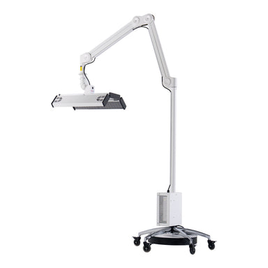 ApolloArc full-body red light therapy panel with adjustable arm and rolling stand on a white background