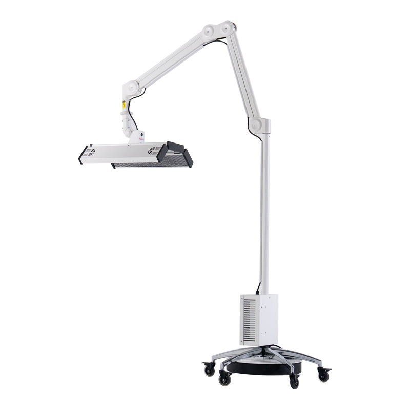ApolloArc full-body red light therapy panel with adjustable arm and rolling stand on a white background