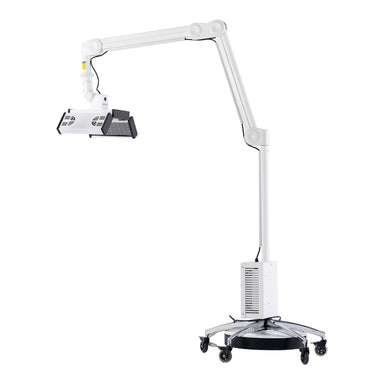 ApolloGlow facial red light therapy panel on adjustable arm and mobile base shown with lights off on white background