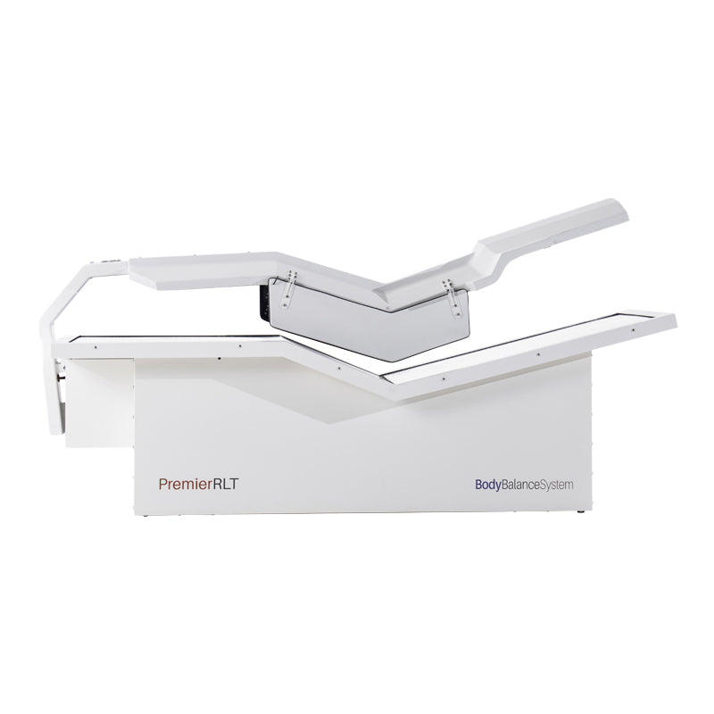 Body Balance System PremierRLT zero gravity red light therapy bed side profile with canopy closed on white background