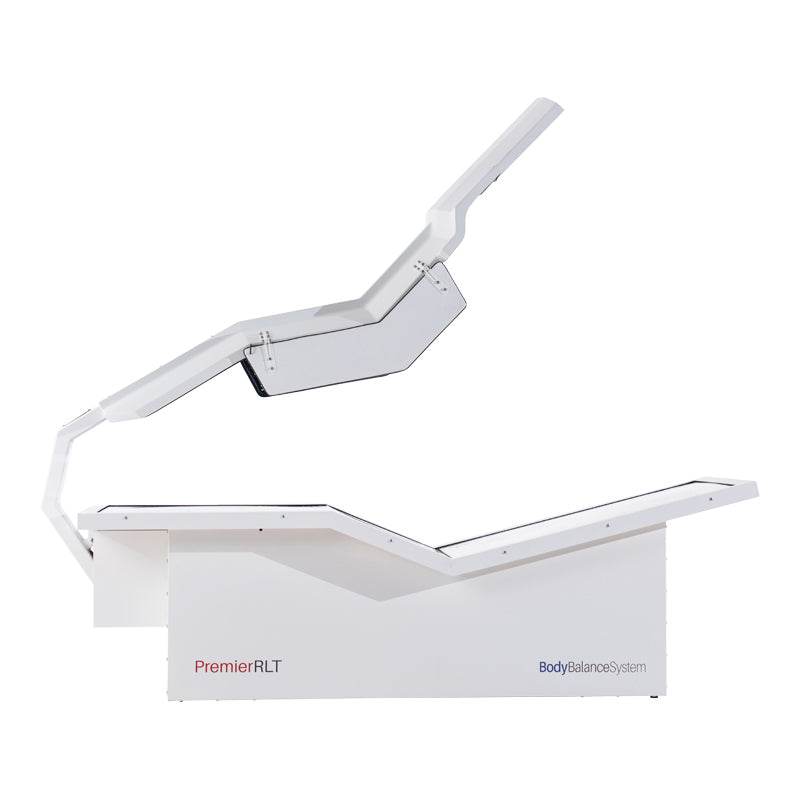 Body Balance System PremierRLT zero gravity red light therapy bed side profile with canopy open on white background
