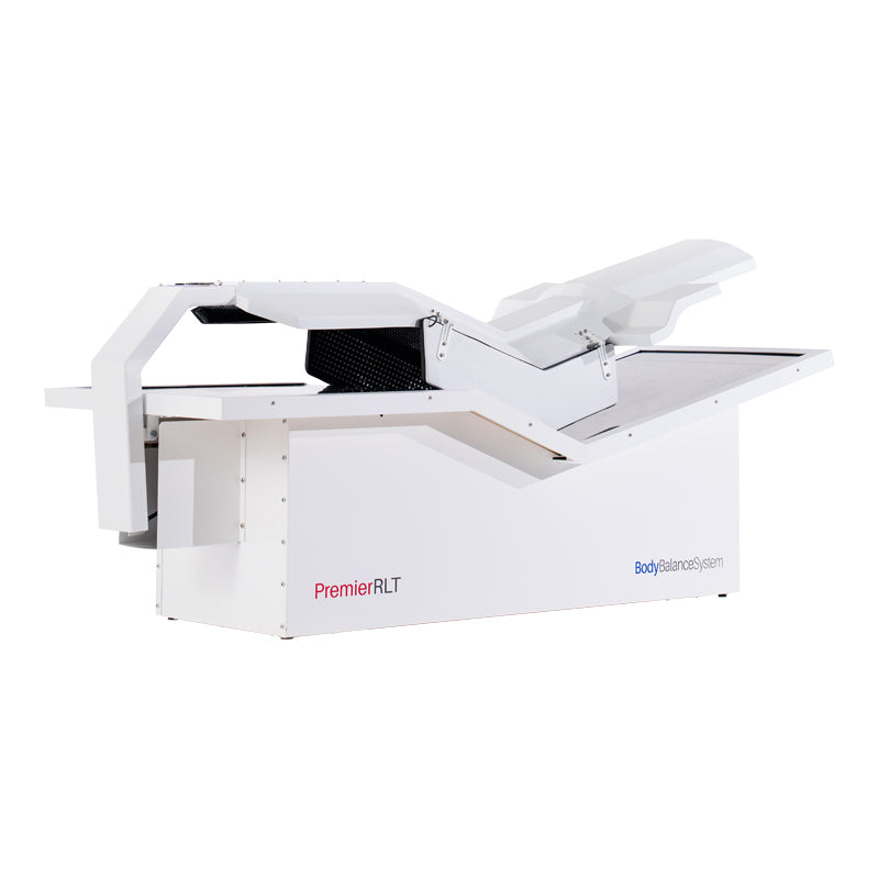 Body Balance System PremierRLT Zero gravity red light therapy bed with canopy closed on white background