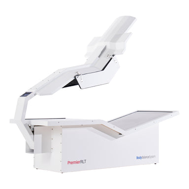 Body Balance System PremierRLT full body red light therapy bed with canopy open on white background