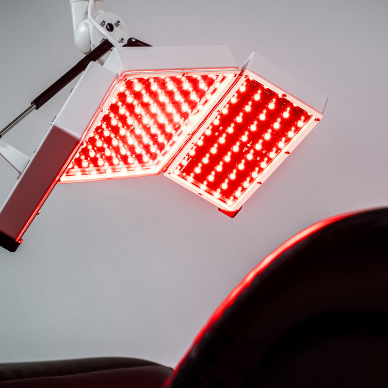Powered on POV - Body Balance System ApolloGLOW with Adjustable Arm Wheeled Red Light Therapy Device Targeted for Facial Rejuvenation Treatment 