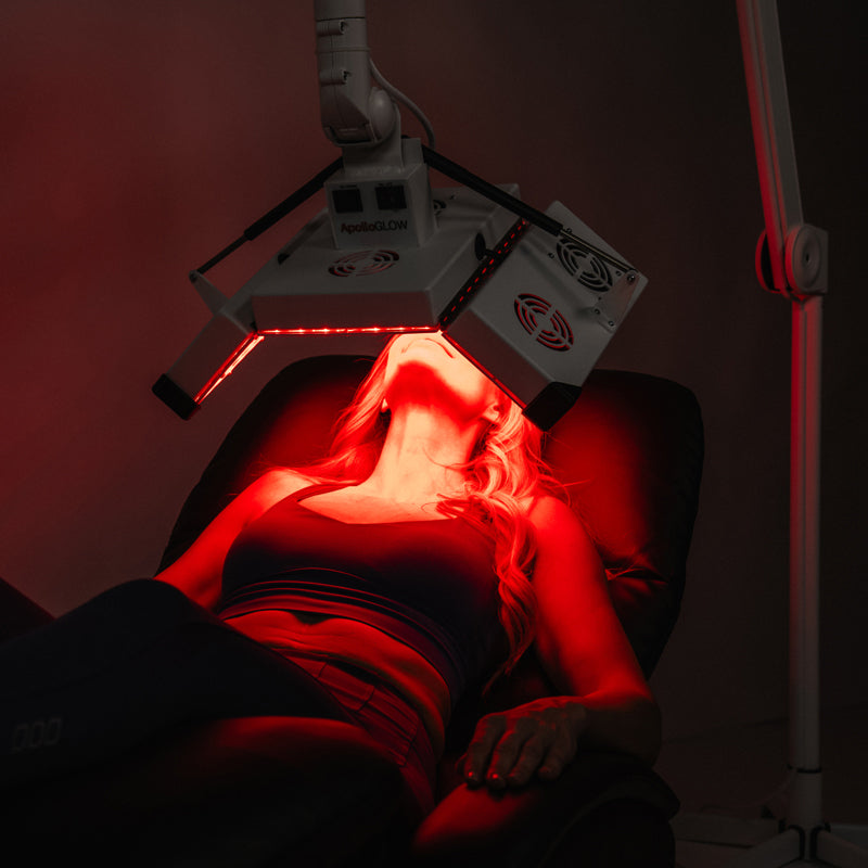 Model Recieving Treatment - Balance System ApolloGLOW with Adjustable Arm Wheeled Red Light Therapy Device Targeted for Facial Rejuvenation Treatment 