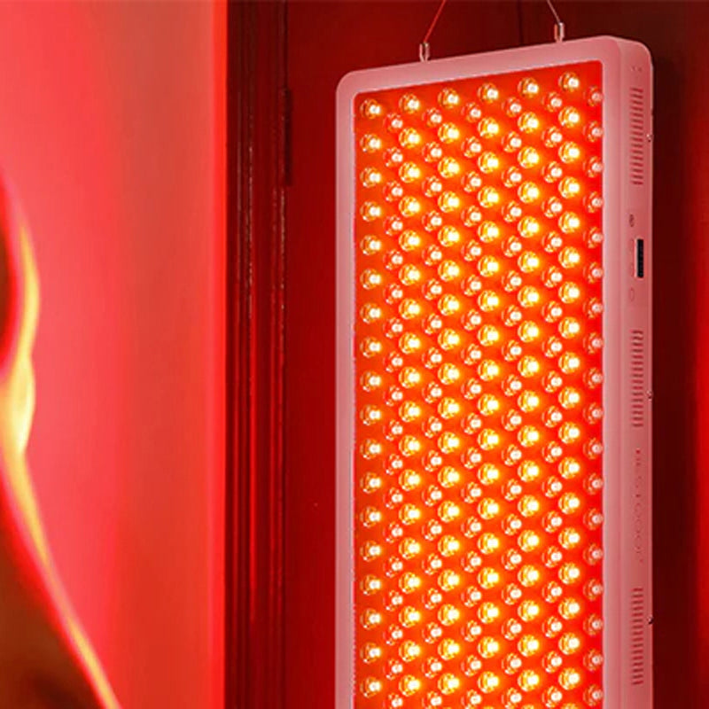 Powered On Unit Hanging From Room Door - Bestqool Pro300 Full-Body Red Light Therapy Panel-4 Wavelengths for Advanced Treatment