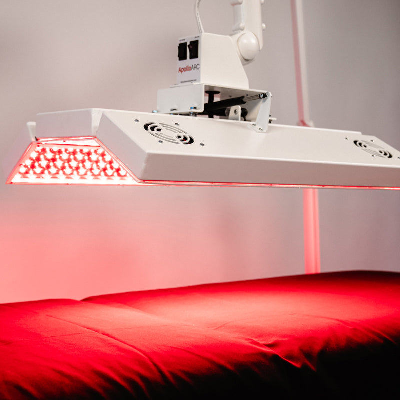Close-up of the Body Balance System ApolloARC red light therapy panel showing LEDs while positioned over a treatment table