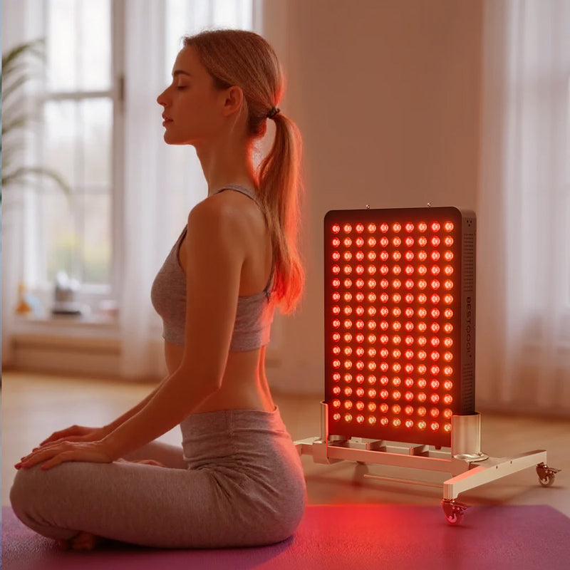 Model Using The Product at Home - BestQool Adjustable Mobile Stand - Compatible with Pro Series Red Light Therapy Panels
